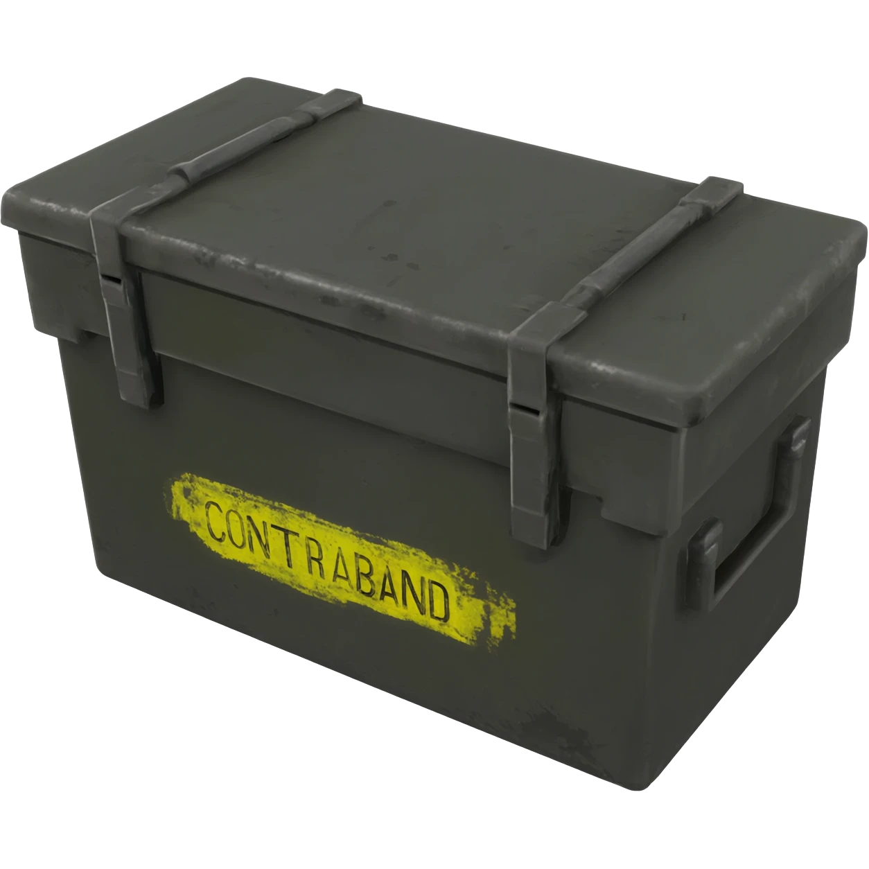 black military ammo box view from 35 degres with a yellow text on it "CONTRABAND" emoji