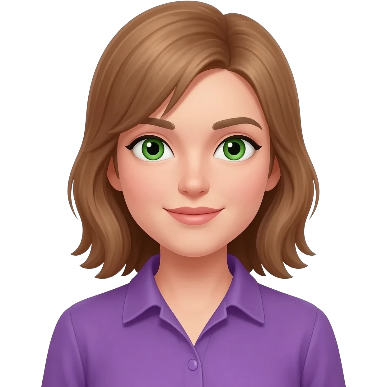 White skin , female, light brown haircut, purple shirt, green eyes emoji