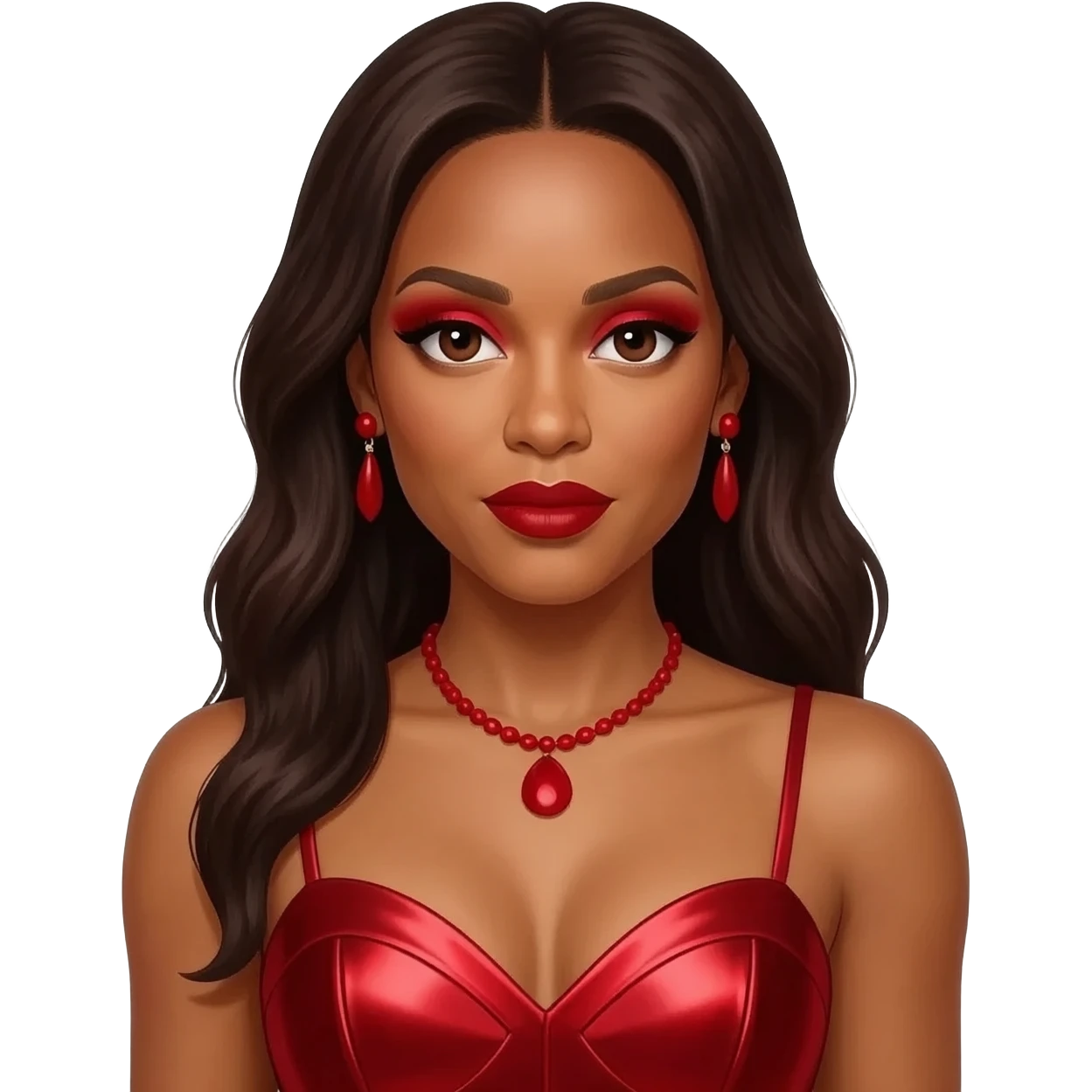 Kelly Rowland with dark brown eyes, long dark brown hair, red eyeshadow, dark red lipstick, red metallic sweetheart dress, red necklace and earrings emoji