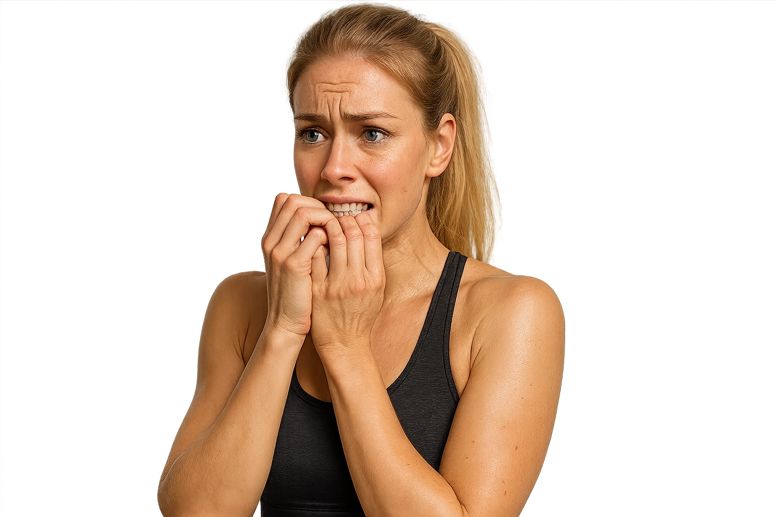 donna fitness bionda e bella ma nervosa, iperrealistica 4k emoji