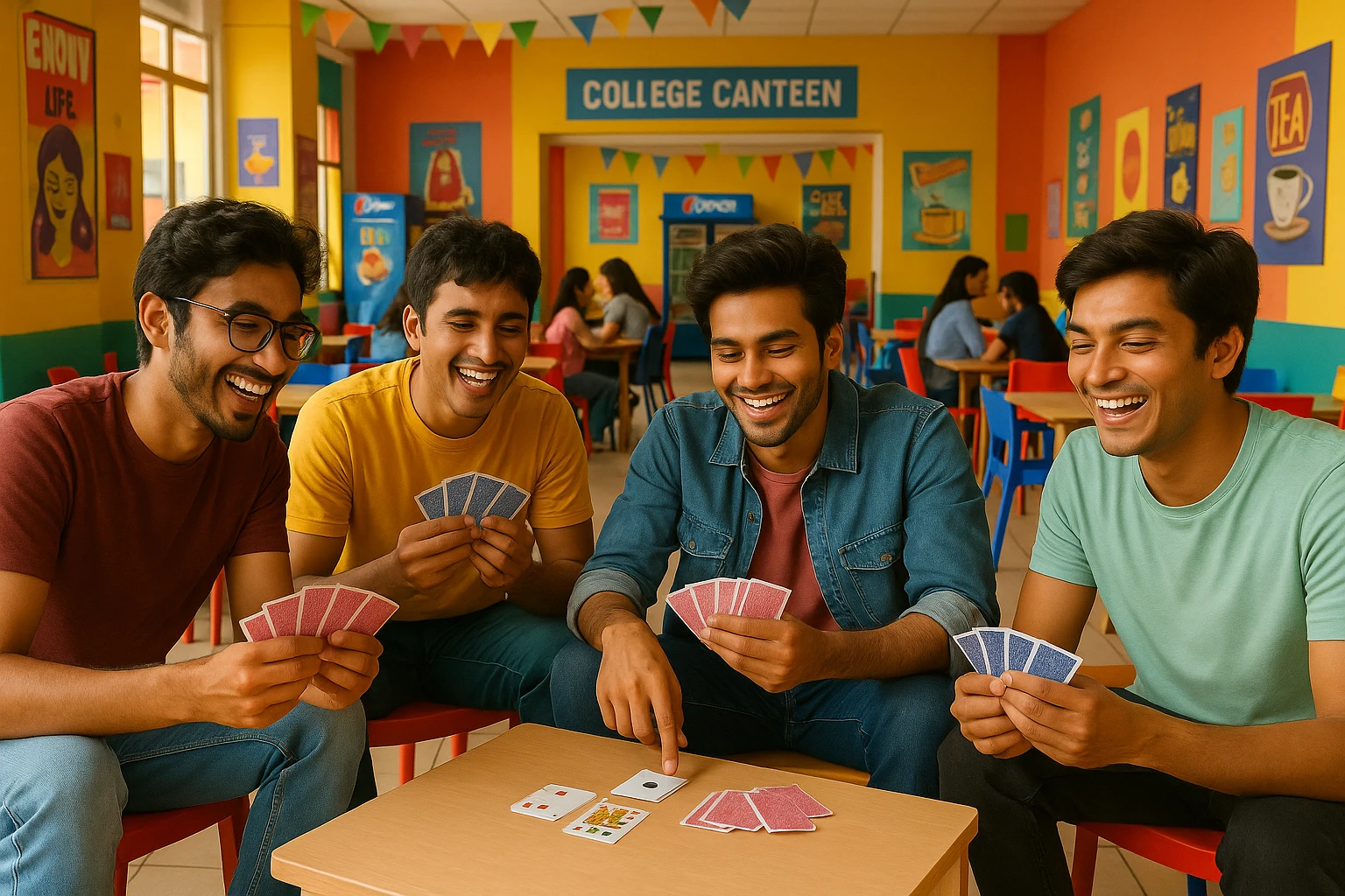 Add a colorful Indian college canteen background while keeping the four friends playing tash as the main focus of the image. emoji