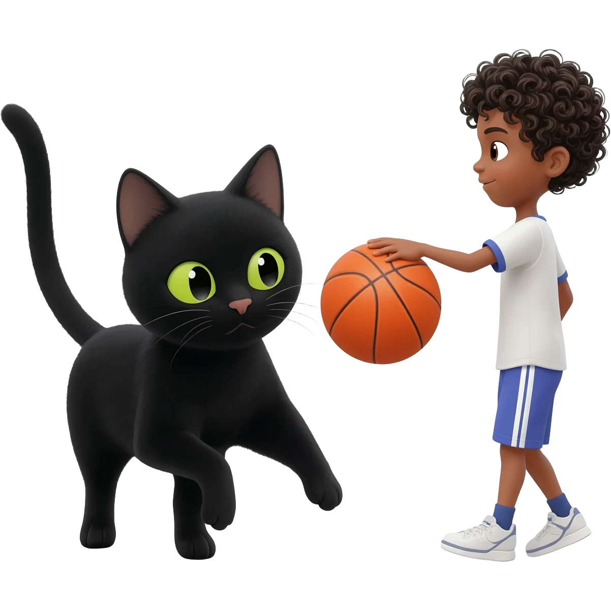 Black cat playing with orange basketball and a little white boy with curly black hair emoji