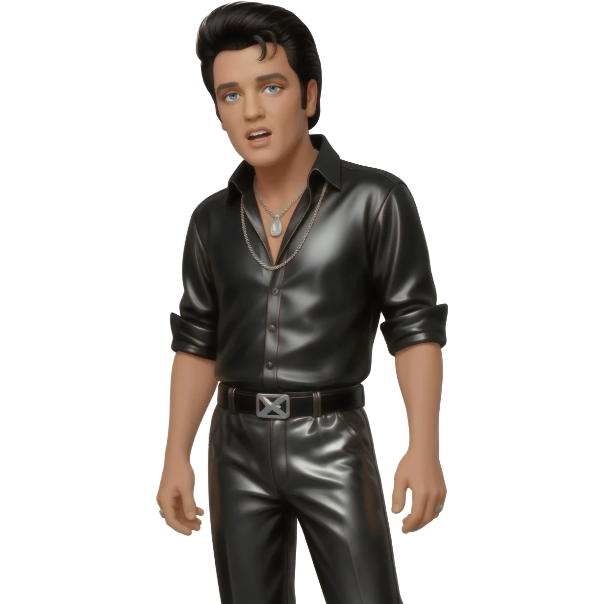 Elvis Presley with blue eyes, black hair, black metallic shirt, black metallic baggy pants, silver necklace emoji