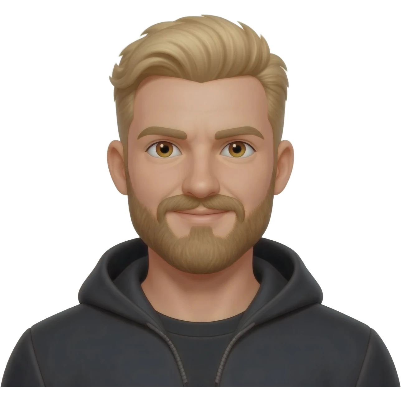 anime style male avatar portrait, athletic build, light blond hair, large thick mustache no beard, confident friendly expression, golden brown eyes, black uniform with no badge, clean lines, bright colors, simple background, soft lighting, high detail emoji