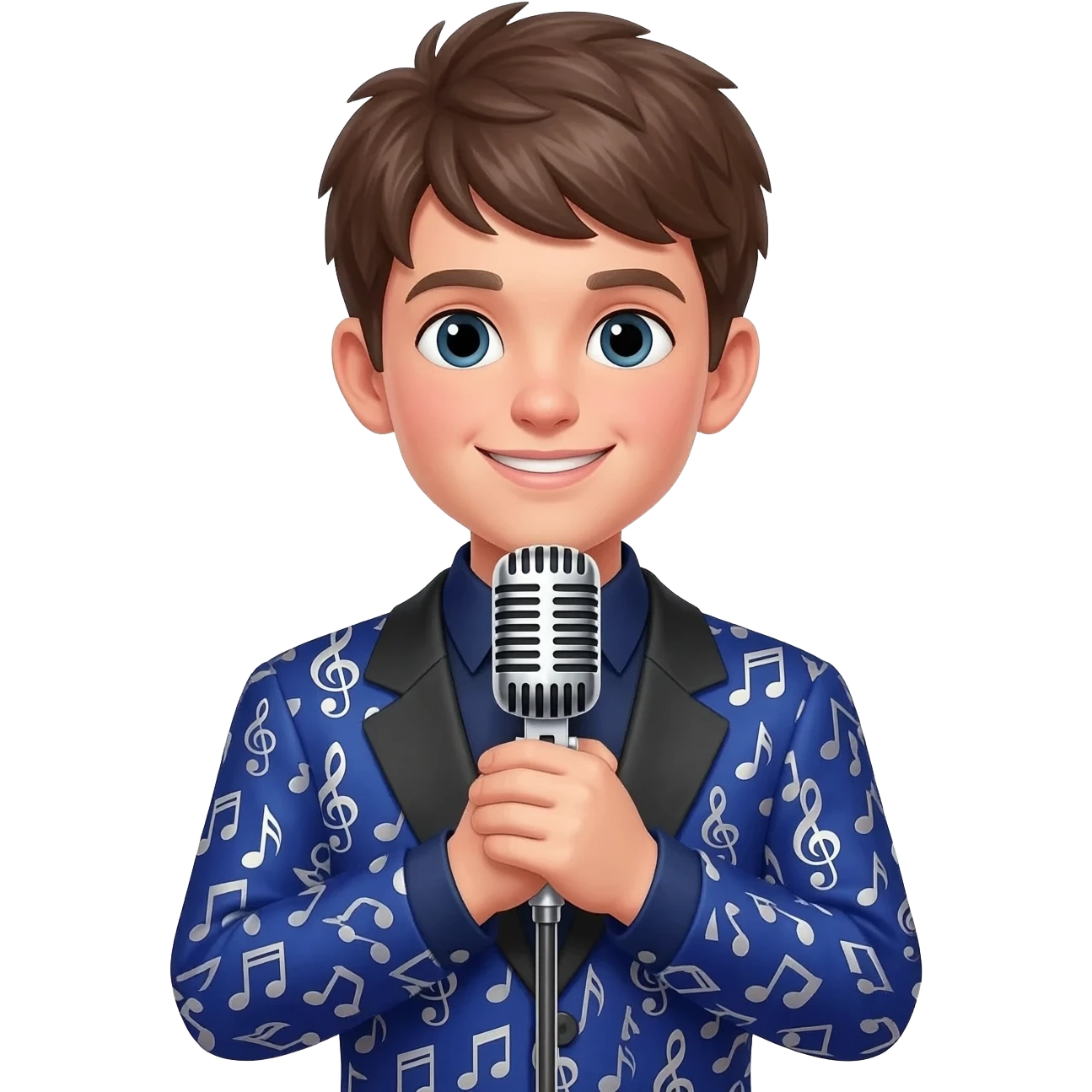 A bold boy with wearing 'music mood on'dress emoji