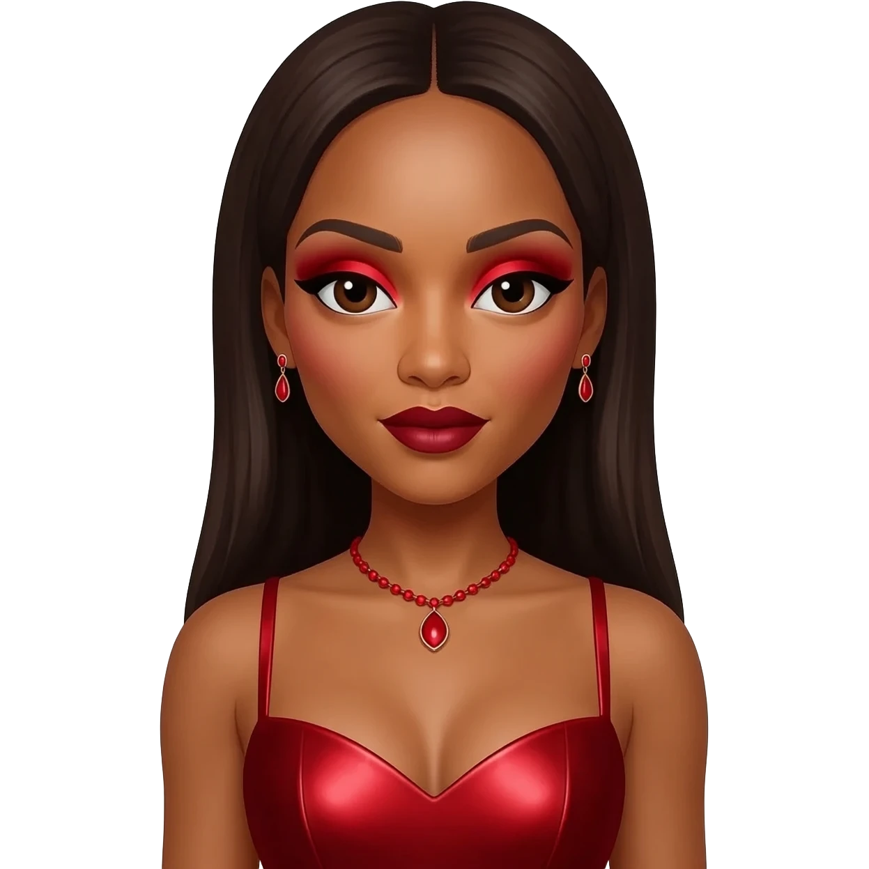 Kelly Rowland with dark brown eyes, long dark brown hair, red eyeshadow, dark red lipstick, red metallic sweetheart dress, red necklace and earrings emoji