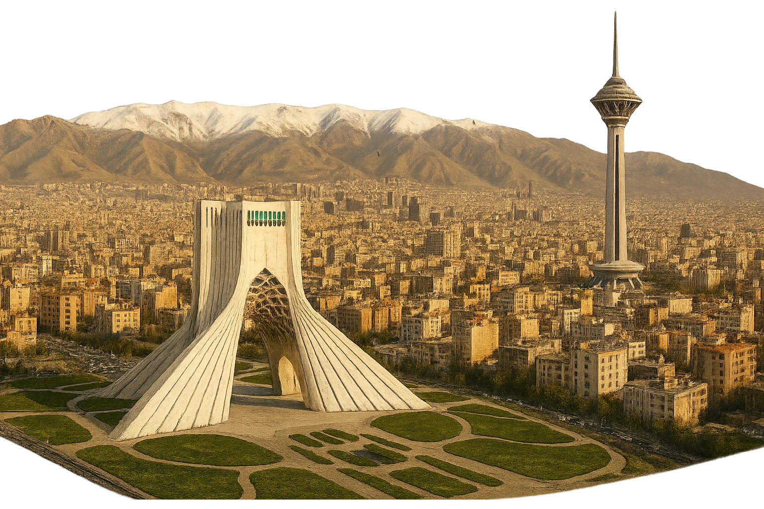 cinematic realistic emoji of Tehran, wide city view with iconic landmarks Azadi Tower, Milad Tower, Alborz mountains in background, lifelike detail, accurate colors, bright daytime lighting, fully transparent background, no sky, no clouds emoji