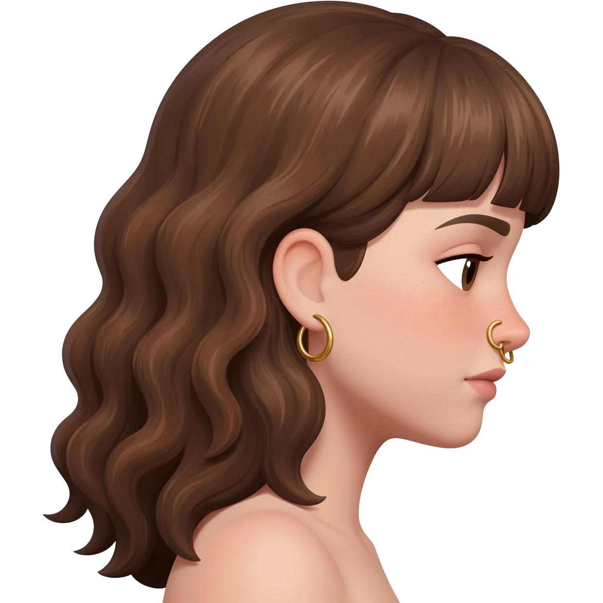 From a side profile view. Make her head lean even more forward and make it a girl with long brown curly hair and bangs and a septum nose ring gold hoop emoji