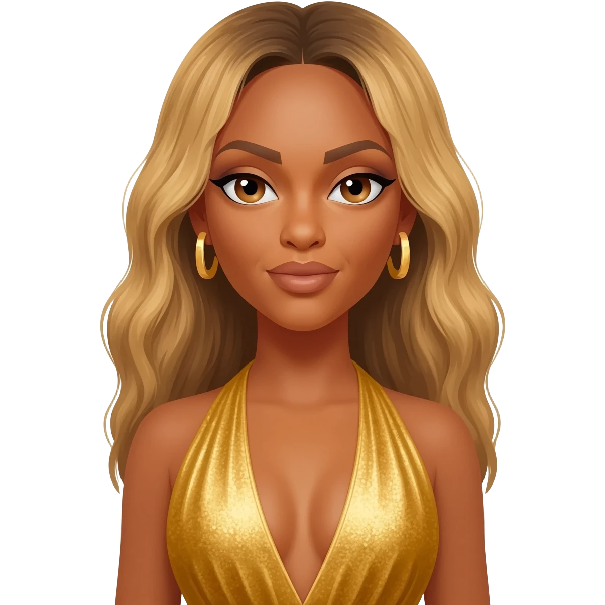 Beyonce with hazel eyes, long blonde hair, gold dress, gold earrings emoji