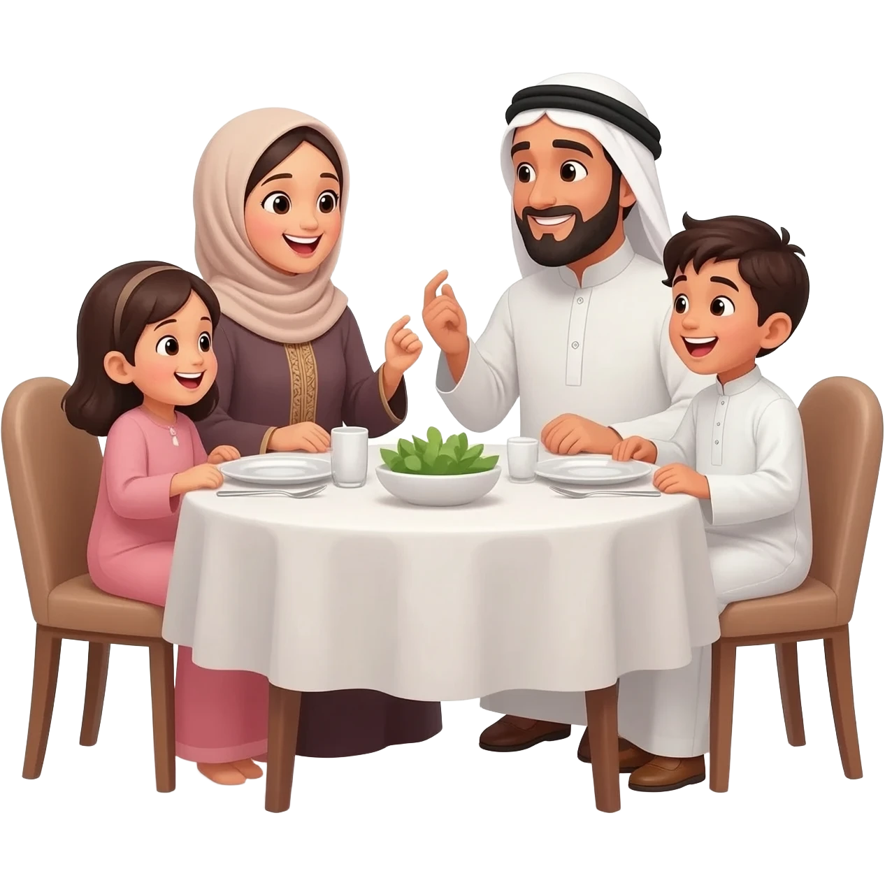 islamic family sitting on table; mother wearing hijab; father with beard and islamic clothes; little girls no hijab and one little boy; kids wearing traditional clothes and talking happily to each other emoji
