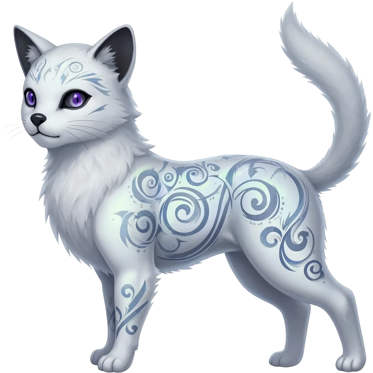 Rare neon iridescent white exotic cute epic aesthetic gothic colorful Salandit-Eevee-Civet-species-Fakemon-hybrid-creature, with intricate tattoo markings, full body emoji