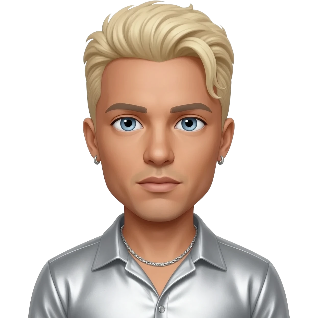 Vanilla Ice with light skin,blue eyes, sandy blonde hair, silver metallic shirt, silver necklace and short earrings emoji