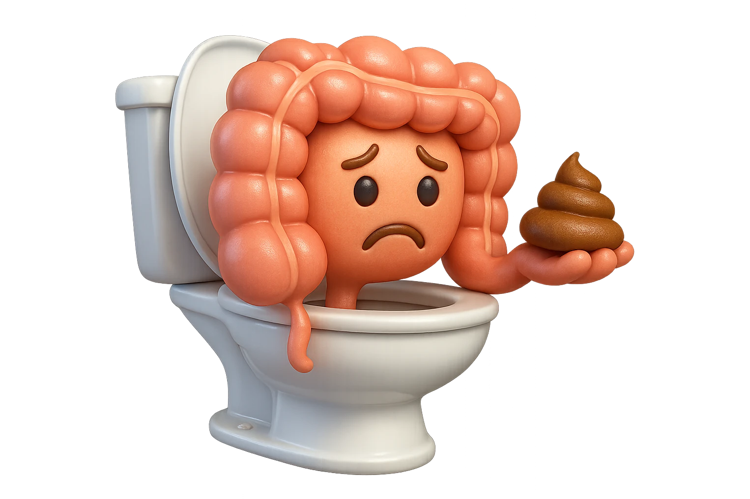 emoji stile iphone di un intestino realistico 3d che esce dal wc con in mano una montagnetta di feci con espressione triste a palline, iperrealistico 4k emoji