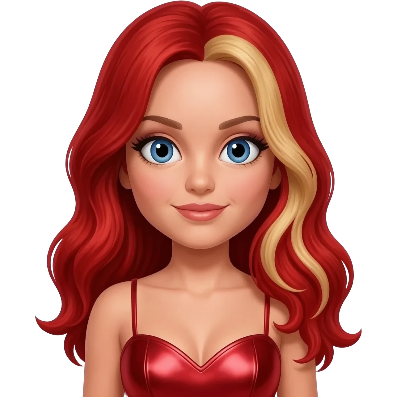 Baby Spice from Spice Girls with blue eyes, long red hair with blonde highlights, red metallic sweetheart dress emoji