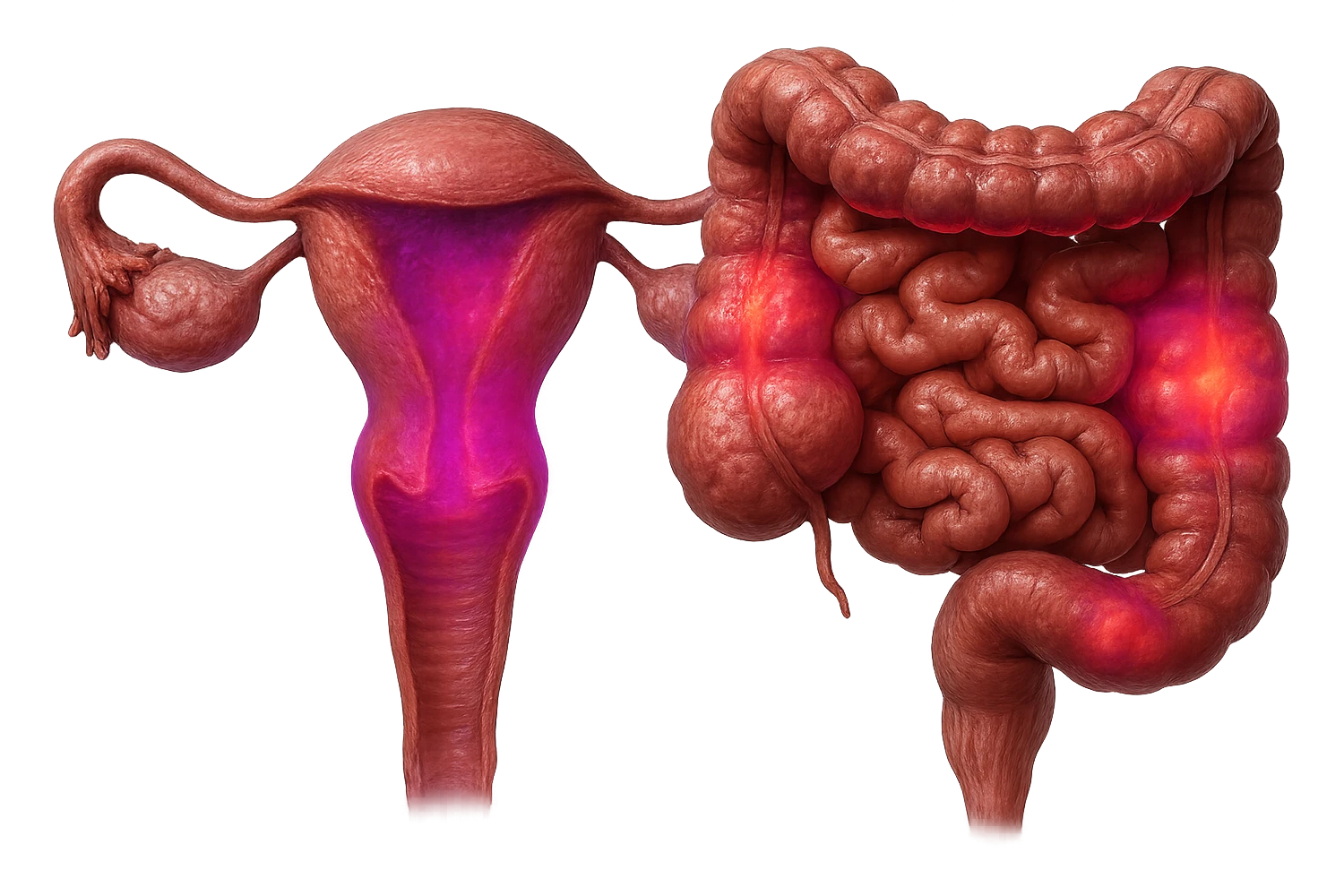utero umano anatomico iperrealistico e intestino umano anatomico iperrealistico hanno in comune il dolore e l'infiammazione, rendi bene il collegamento tra i due organi doloranti, falla iperrealistica, non disegnata, fai colori che si adattano a questo viola #971ef1 emoji