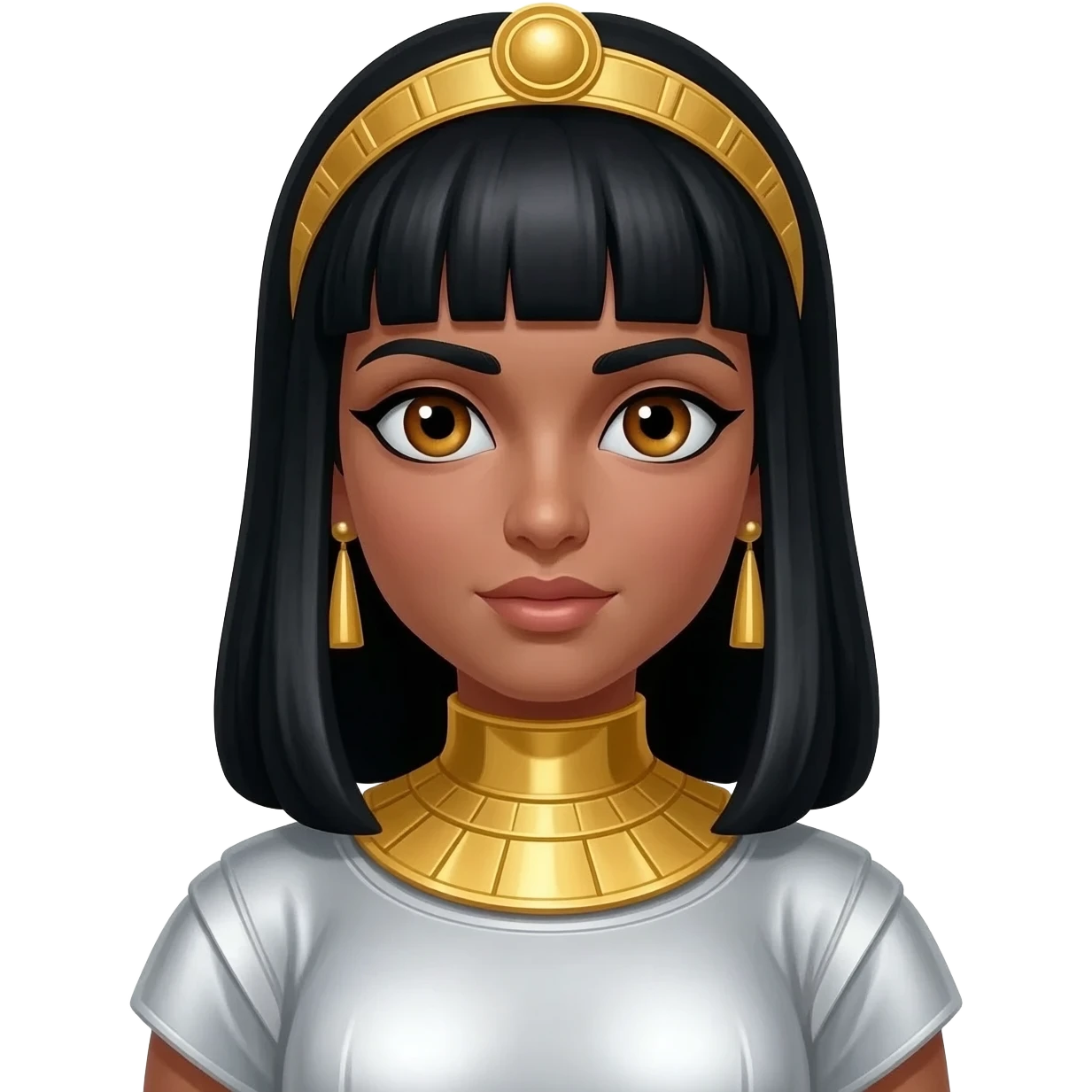 Cleopatra from Rome Mythology with hazel eyes, long black hair, white metallic tunic, gold collar and earrings, gold diadem emoji