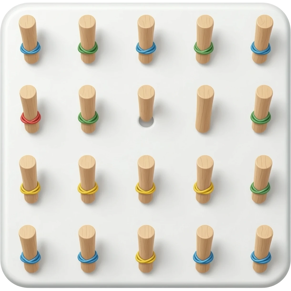 Create a white kids pegboard with rubber bands wrapped around wooden pegs emoji