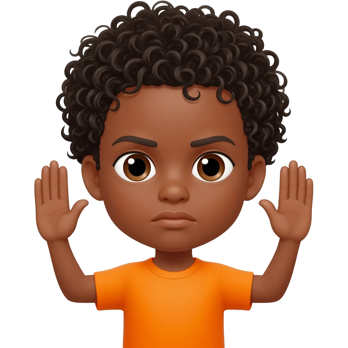 black boy curly hair orange shirt stop hands up serious face emoji