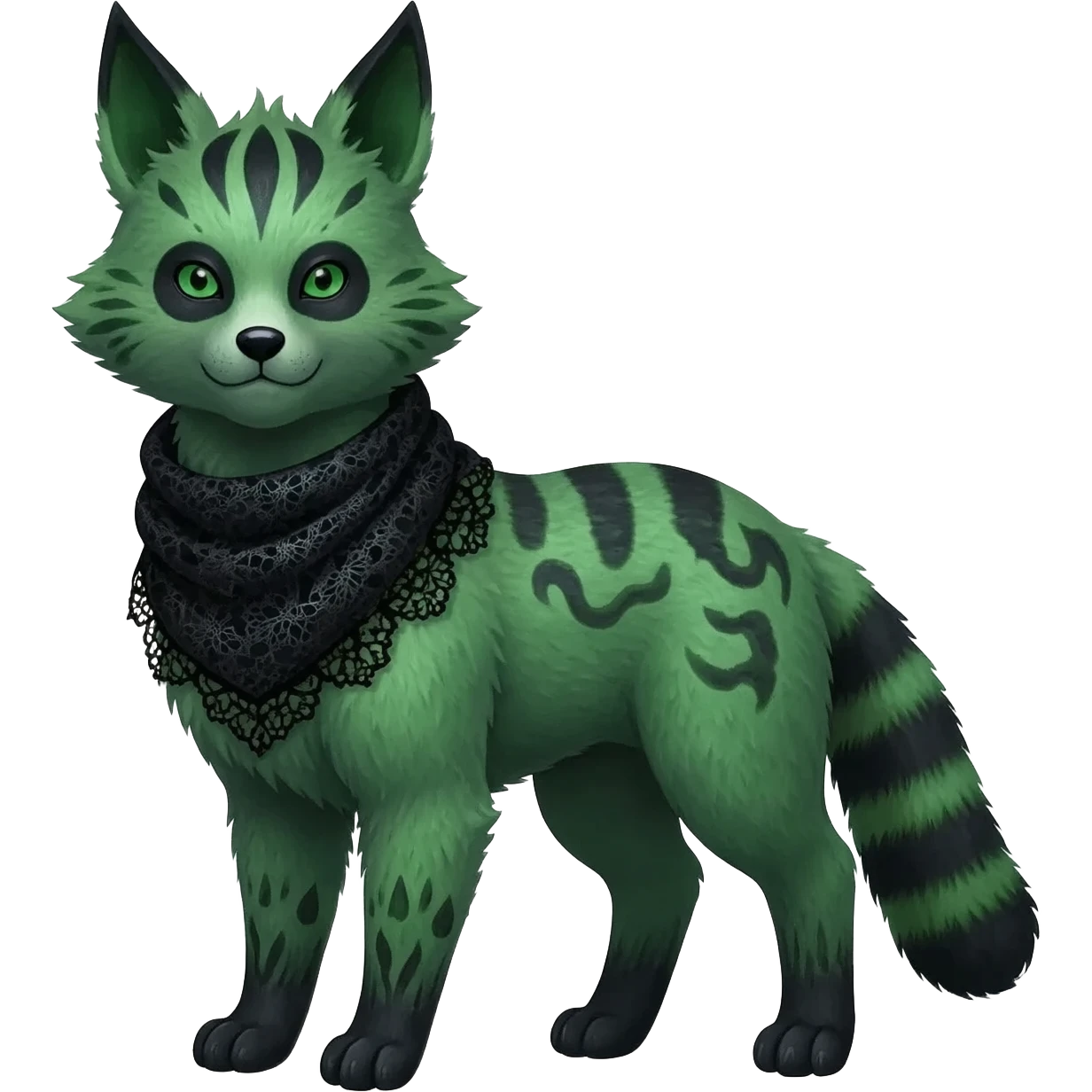 Rare epic greenish exotic cool creepy epic aesthetic gothic Salandit-Eevee-Civet-species-Fakemon-hybrid-creature, with a scarfie, and with intricate random markings, full body emoji