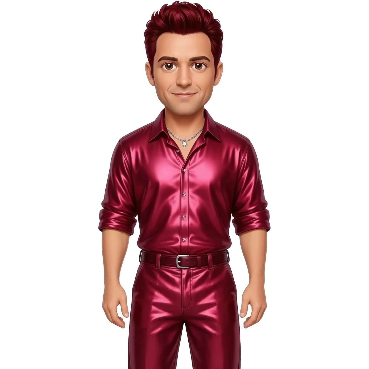 Joey Fatone from NSYNC with brown eyes, dark red hair, ruby red metallic shirt, ruby red metallic long baggy pants, silver necklace emoji