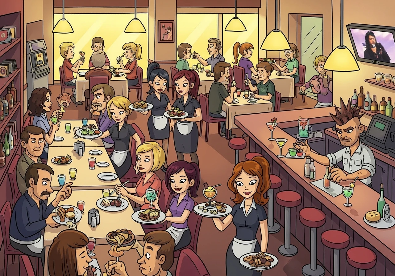 Illustration d'un restaurant avec des clients à table, des serveuses qui prennent les commandes et qui amènent les plats. Un barman sert des cocktails. Ambiance chaleureuse. Style cartoon années 2000. emoji
