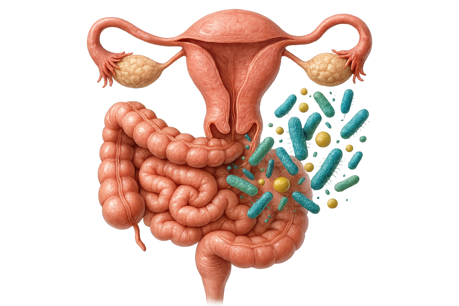 UTERO UMANO E INTESTINO ANATOMICI REALISTICO CON BATTERI CHE ESCONO DALL'INTERNO, IPERREALISTICO 4K emoji