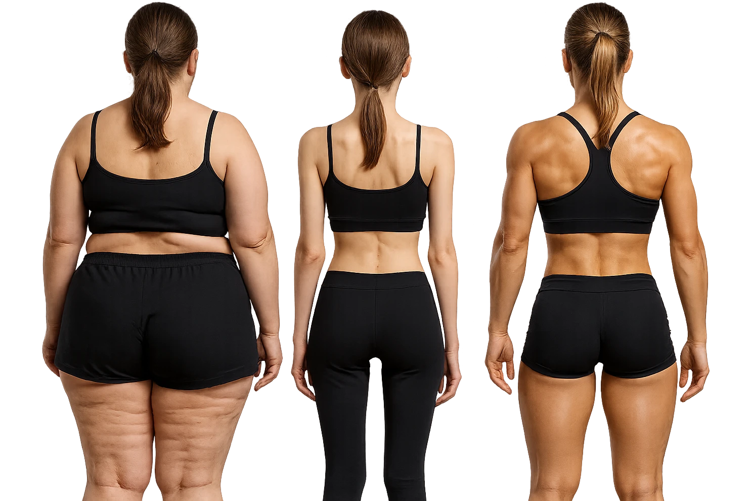 fai una donna di spalle in gym shorts leggermente sovrappeso e con cellulite e accanto una seconda donna di spalle magra (che è dimagrita post dieta) e accanto una terza donna in forma allenata e con le giuste proporzioni, l'immagine deve rappresentare il processo: da donna grassa, a donna piatta e magra, a donna allenata e in forma con i giusti muscoli, iperrealistico 4k emoji