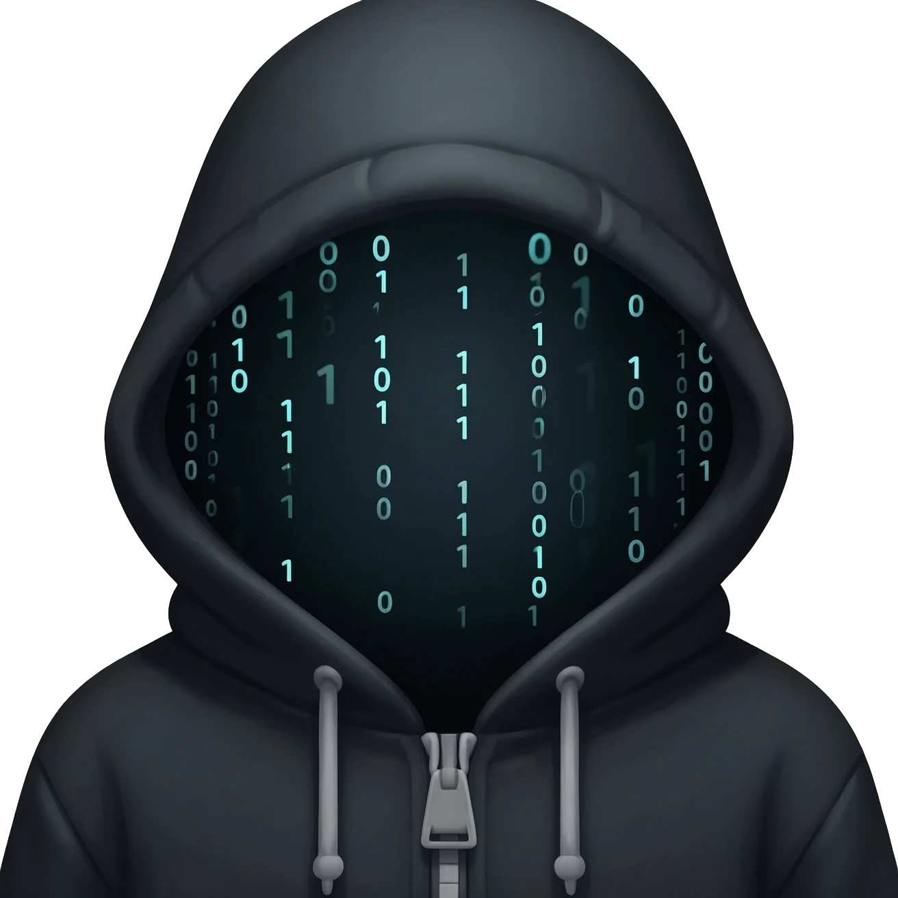 Binary system and "hacker" look, wearing a hoodie with the hood on, hide the hair under the hood, the hoodie is natural and black, no mask. Make it oriented around the numbers 0 and 1. emoji