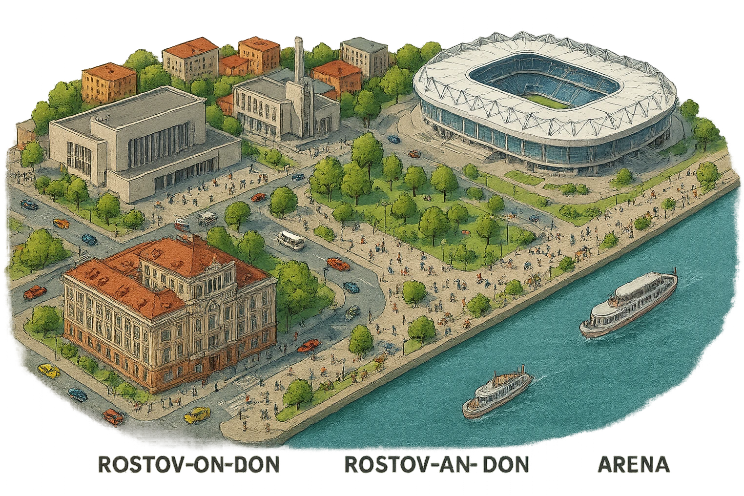 Изометричная чёткая миниатюрная фотореалистичная 3D модель панорамы Ростова-на-Дону — фотореалистичное Здание городской думы Ростова-на-Дону (Городской дом), Ростов-Арена, Ростовский театр драмы имени Горького, набережная Дона, люди, автотранспорт. Вид сверху в изометрии, яркие цвета, мультяшная рисованная реалистичность, прозрачный фон, компактная композиция. emoji