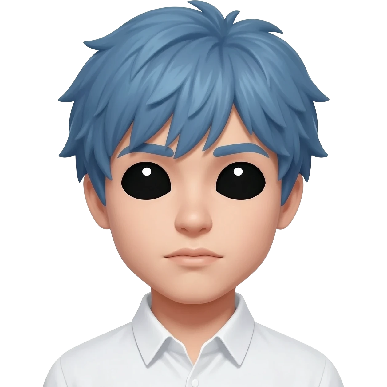 completely black eyes, blue short messy hair no bangs, white shirt emoji