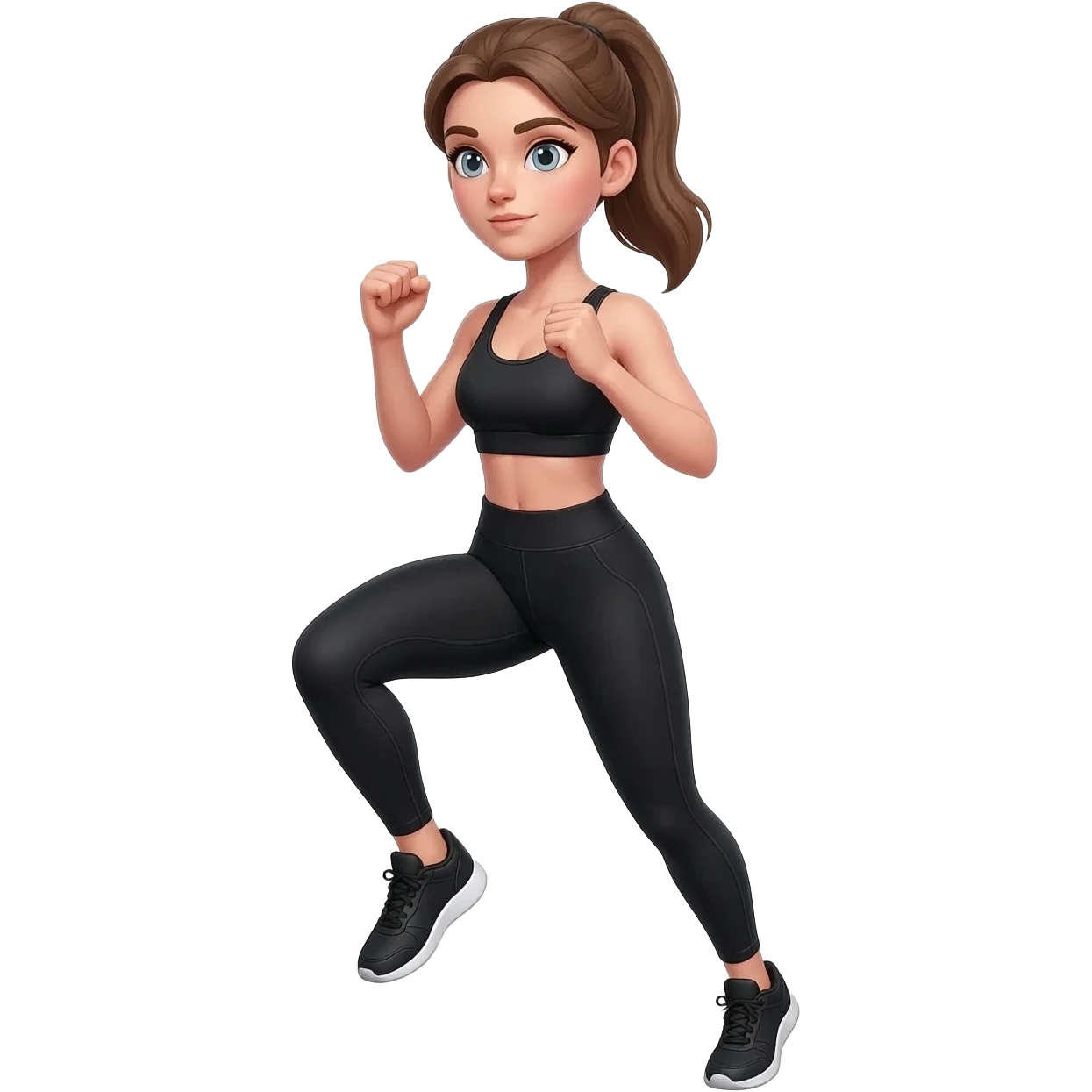 butt kicks, fair-skinned woman, light gray-blue eyes, ash brown brows, ash light brown hair tied back, slim athletic body, black workout set, black sneakers with white soles emoji