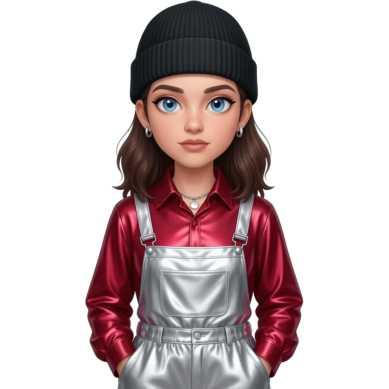from U2 with blue eyes, dark brown hair, black beanie, ruby red metallic shirt, silver metallic baggy dress pants, silver necklace and short earrings emoji