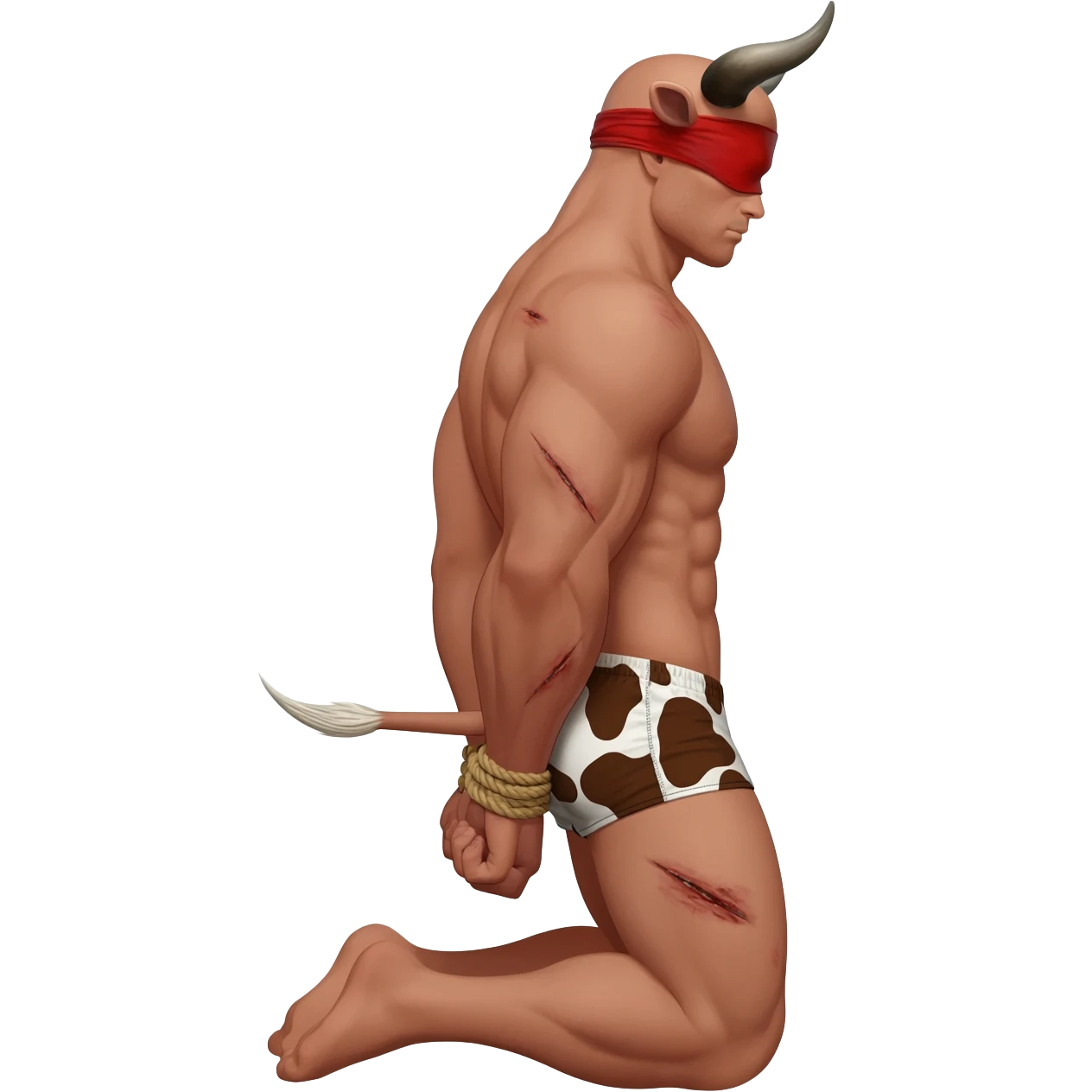 handsome extra large muscular man covered with scars with large breasts with bull horns and cow ears and bull tail with red blindfold dressed in thongs with brown cow print sits on his knees with hands tied behind the bback side view emoji