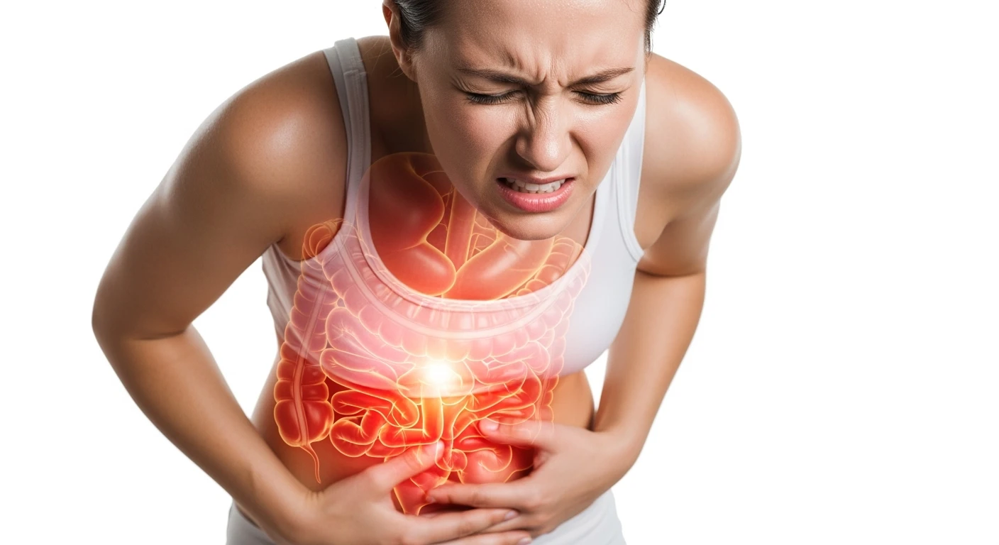donna piegata in avanti frontalmente con mal di pancia, espressione di dolore in volto in primo piano e intestino anatomico in evidenza, iperrealistico 4k, sfondo bianco emoji