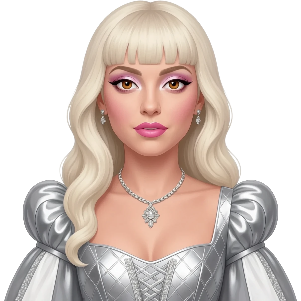 Lady Gaga with hazel eyes, long platinum blonde hair, white eyeshadow, pink lipstick, silver metallic queen anne dress, silver necklace and earrings emoji