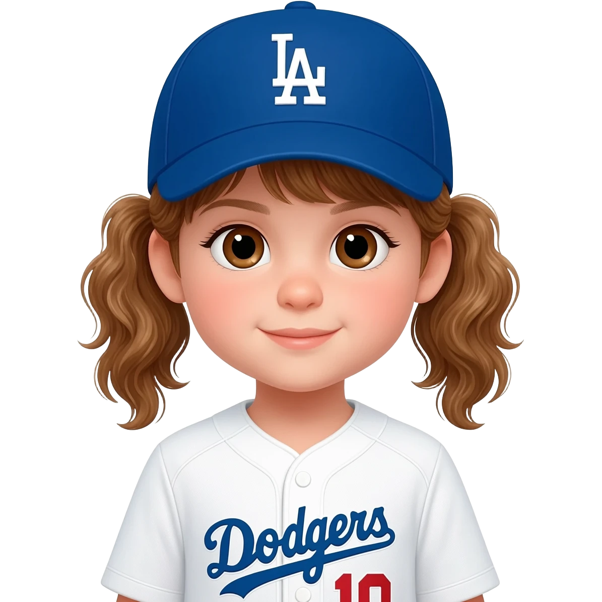 toddler girl in a white dodgers uniform with baseball cap with light brown wavypigtails and brown eyes emoji