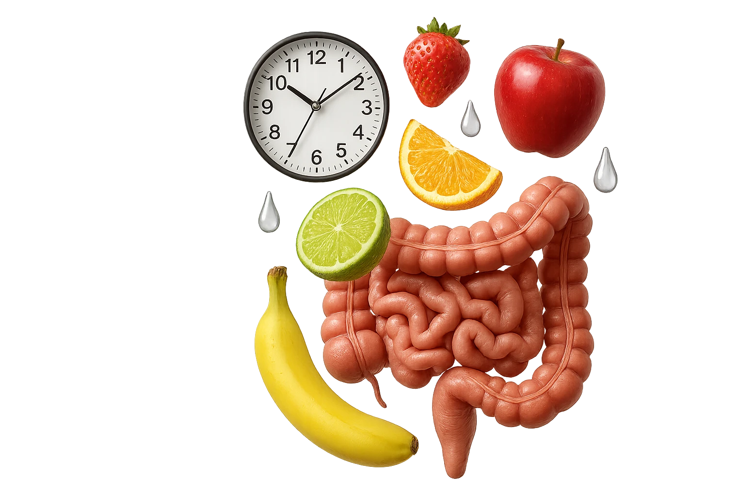 frutta mista cade dall'alto verticalmente insieme a 3 gocce di acqua 3d e un orologio da parete, davanti a questi elementi c'è un intestino umano anatomico iperrealistico emoji