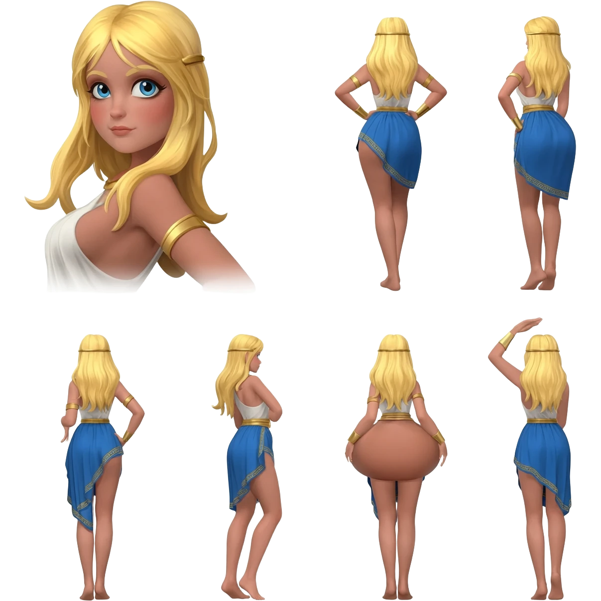 Blonde hair girl with the nicest, big butt, perfect bubble butt in any pose emphasizing how perfect her ass is in any pose Greek goddess style emoji