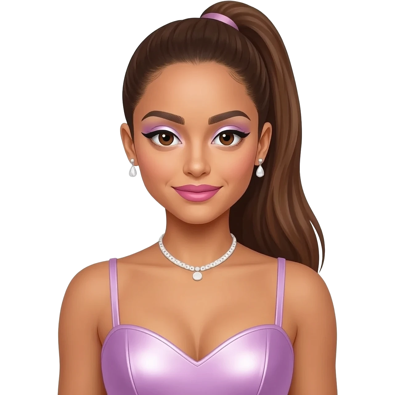 Ariana Grande with brown eyes, long brown ponytail hair, white eyeshadow, pink lipstick, lavender pink metallic sweetheart dress, white necklace and earrings emoji