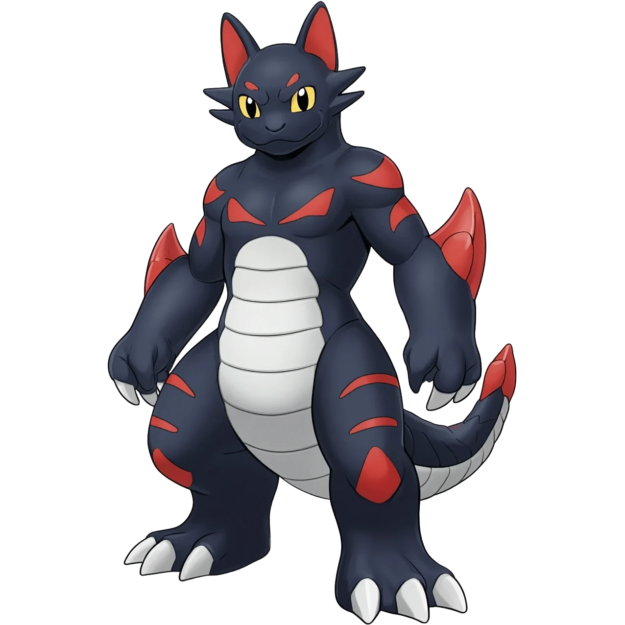 midnight blue-gray-black, with red markings, white belly, scaley Bastet-Noibat-Gatomon-Garchomp-Digimon-Fakémon-Pokémon-creature (full body) emoji