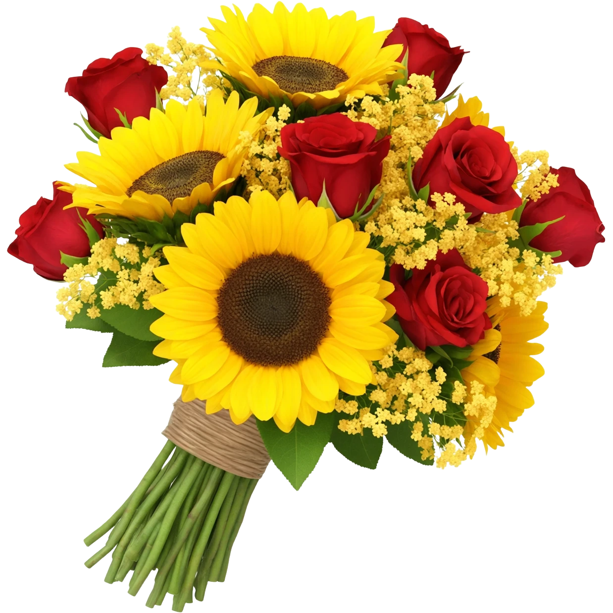 Bouquet of flowers in a Bouquet with sunflowers, roses, with yellow babysbreath emoji