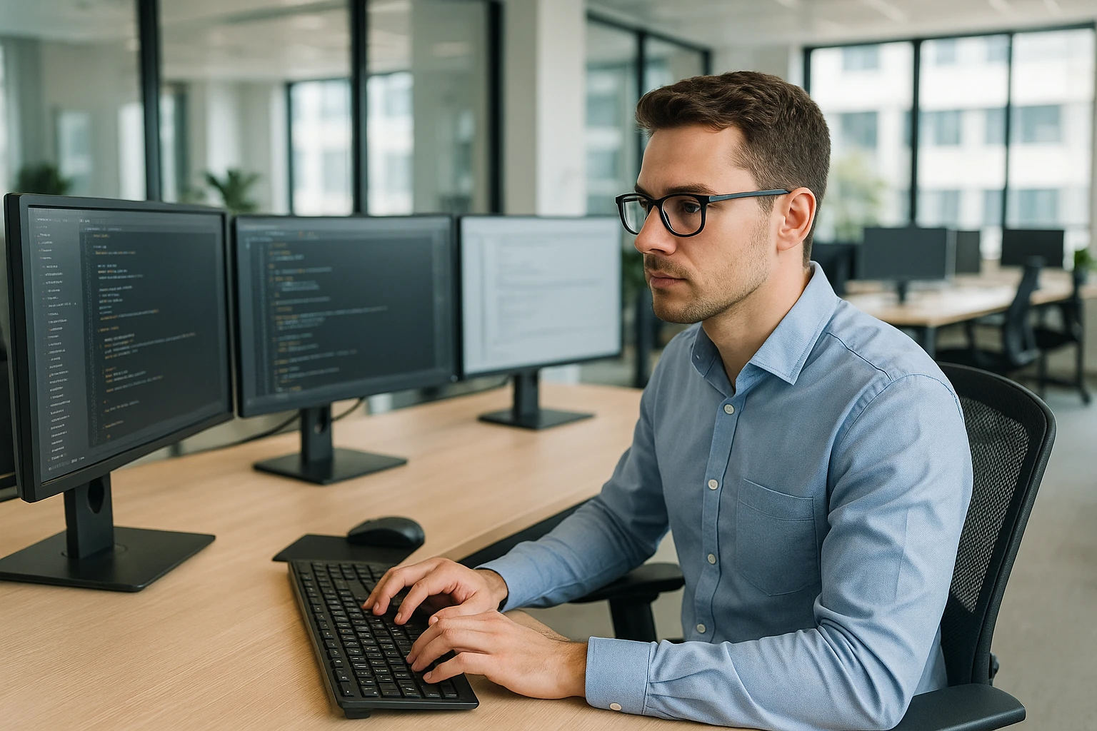 IT specialist working at a computer in a modern office, professional, clear details emoji