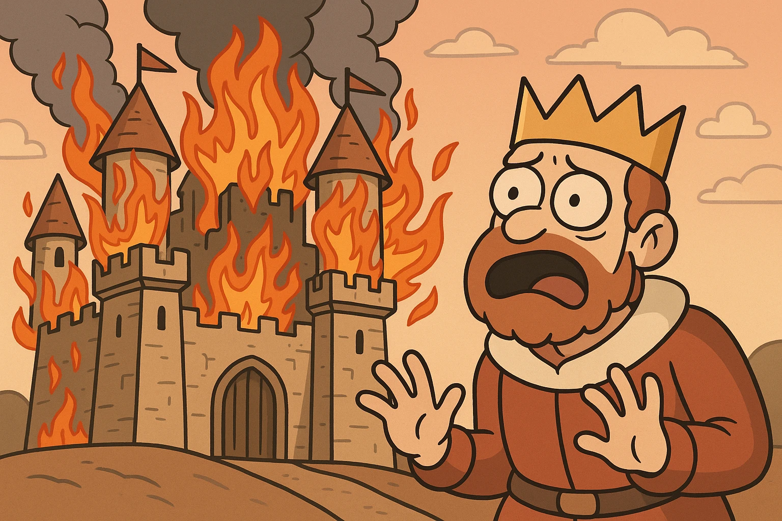 castle on fire, stylized cartoon, bold lines emoji