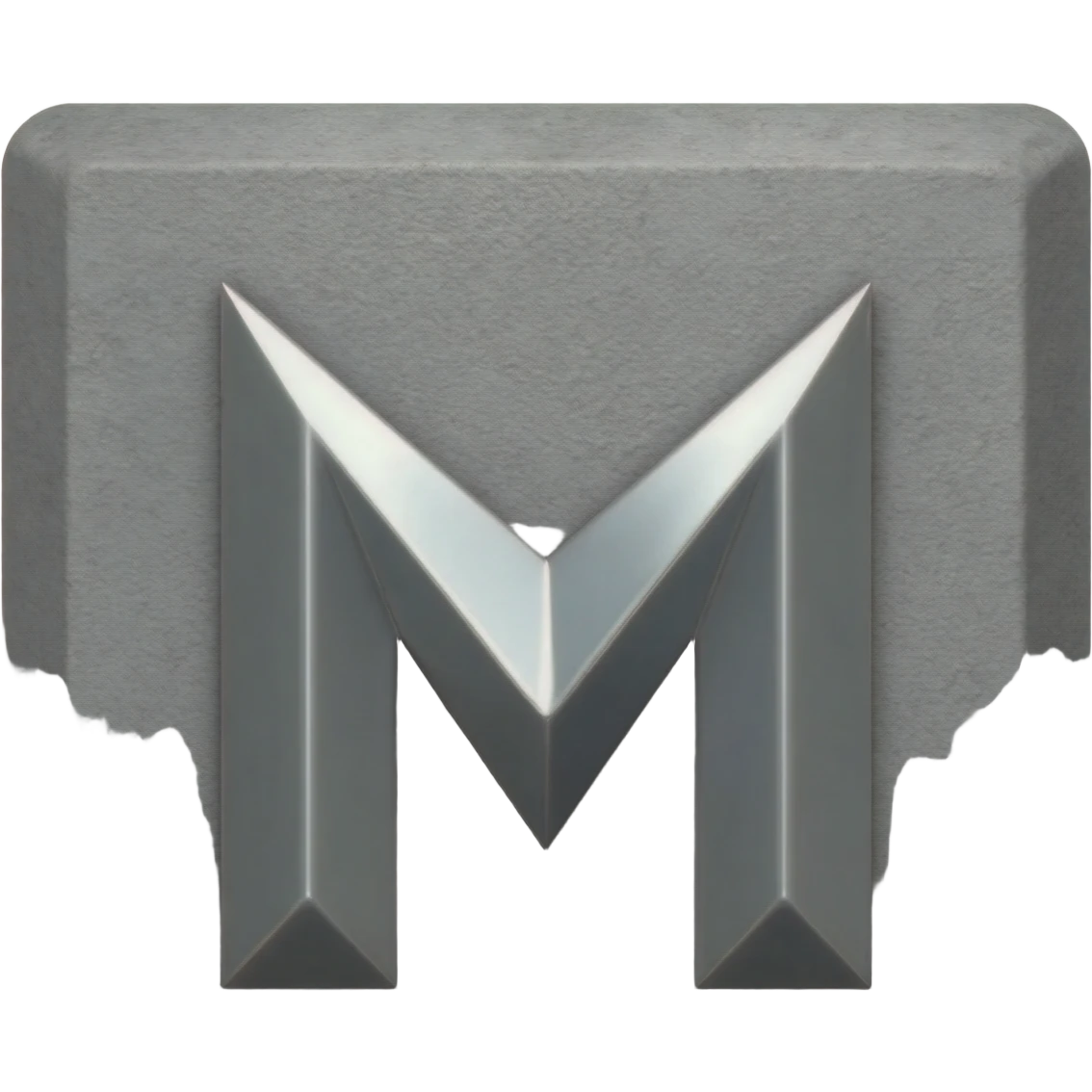 Minimalist 3D emoji based on image_e44ce5.png: massive polished chrome geometric 'M' raised metal relief, integrated central on deeply impressed bare heel in rough grey concrete. Harsh shadows, high contrast. Isolated on white --no background emoji
