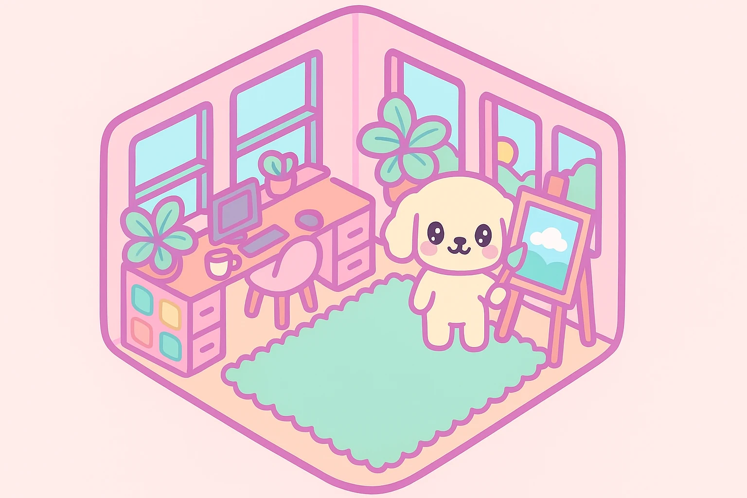Add a brush in the character's paw, making it appear as if it is painting on the canvas on the easel, while maintaining the original illustration's cute style and soft colors. emoji