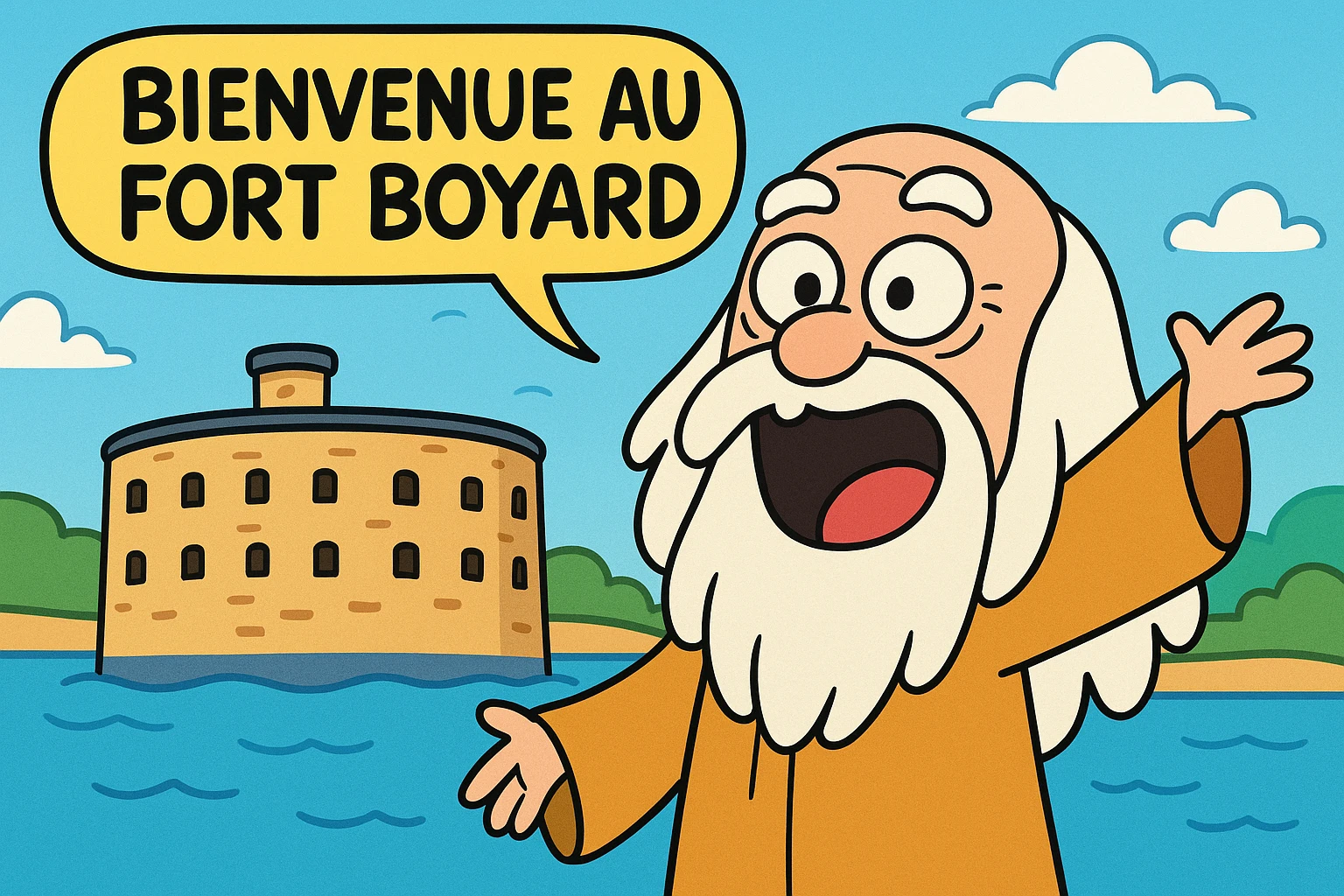 Père fouras  de fort boyard qui cri bienvenue au fort boyard // style enfantin dessin animé cartoons américain style gumball (  emoji