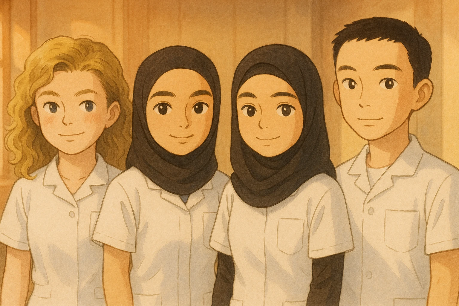 Four nursing students side by side in a warm indoor ambiance with natural lighting, wearing white short-sleeved uniforms with V-neck collars and left chest pockets, in Ghibli style. emoji