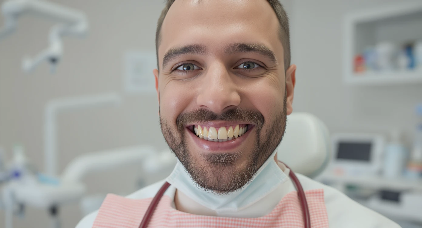 dentist smiling to camera with ugly teeth (bad and yellow teeth), cinematic shot, minimalistic clinic in background (doctor have only few teeths) emoji
