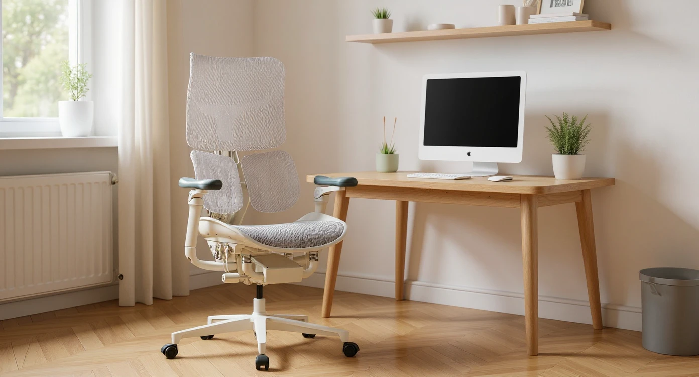 Editorial shot, Make this chair next to desk with mac setup, minimalistic room, bright and warm emoji