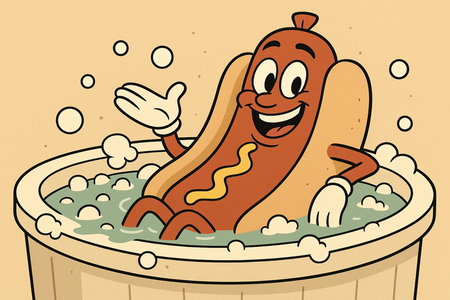 a smiling hotdog character lounging in a bubbly hot tub, cartoon style emoji